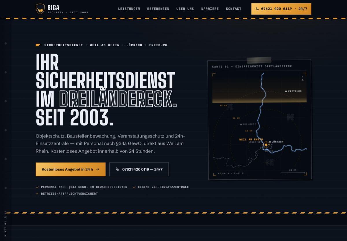 Startseite von biga-security.de: dunkle Seite mit Karte des Einsatzgebiets Dreiländereck und Knopf „Kostenloses Angebot in 24 h“